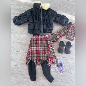 18” Doll Clothes Winter Outfit Red Tan Plaid Skirt Black Ski Jacket Scarf Boots